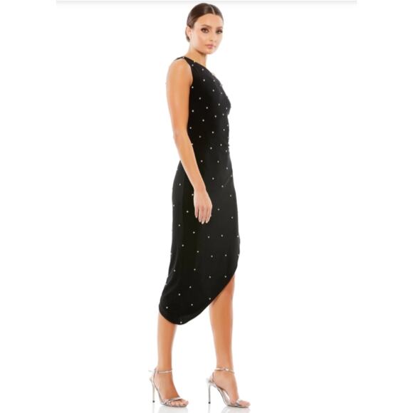 Mac Duggal Rhinestone One Shoulder Asymmetrical Black Midi Cocktail Dress 12 NEW - Picture 2 of 7